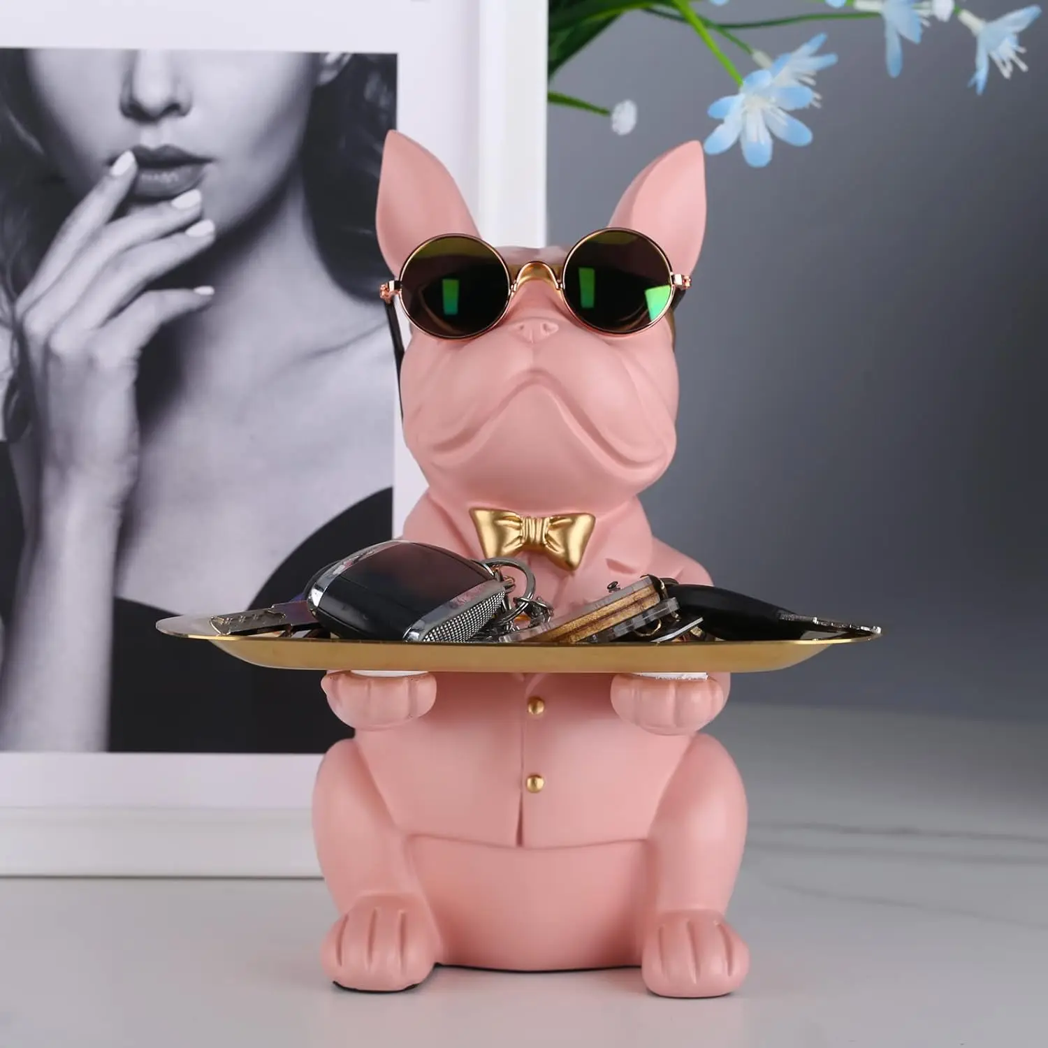 

Resin French Bulldog Statue Home Decor Sculpture Entrance Key Snack Storage Tray With Metal Tray Light Luxury Furniture