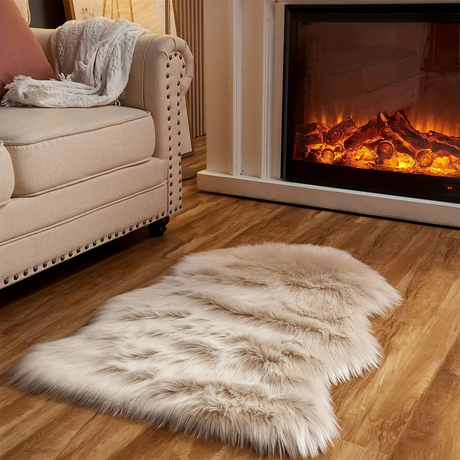 Luxurious Cream-Colored Faux Fur Mat-Ultra-Soft Plush Sheepskin Mat Machine Washable Irregular Shape Perfect for Bedroom