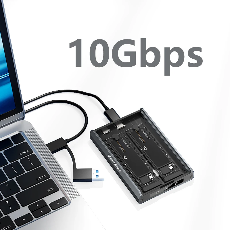 Dual Bay NVME SSD Enclosure 2230 2242 2260 2280 Slot Type C USB 3.2 10Gbps to M.2 NVME External SSD Case Box