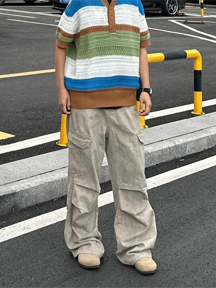 

Cleanfit American High Street Vintage Marble Pattern Pleated Multi-ket Workwear Casual Pants Men Loose Straight Leg