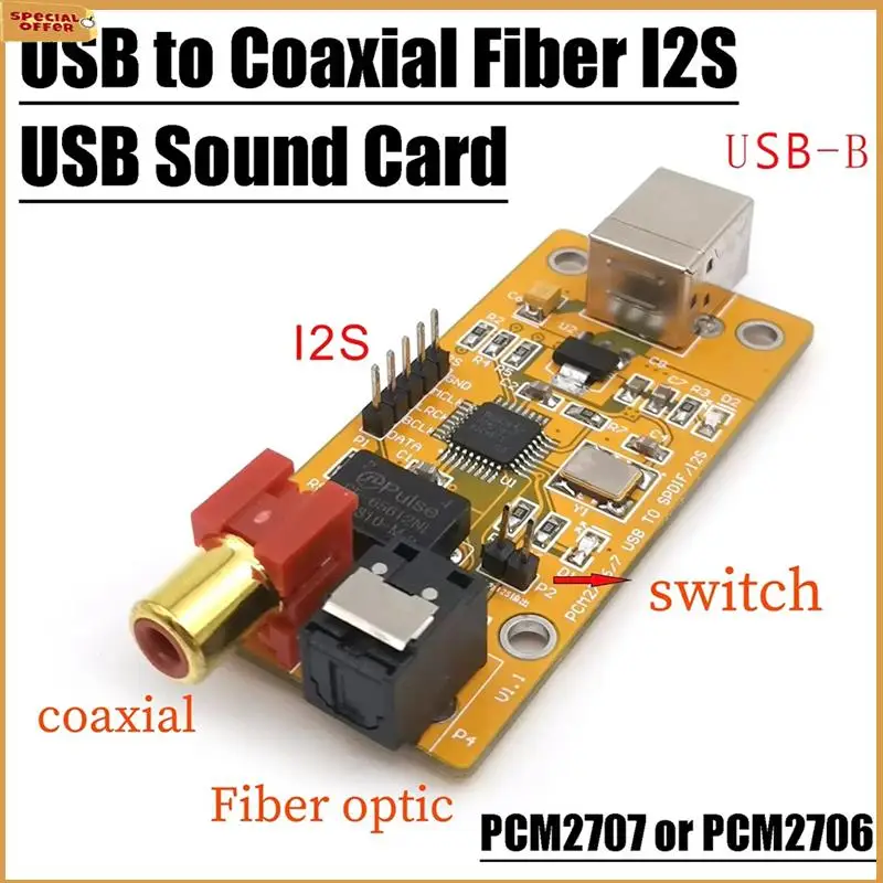

A69Z USB звуковая карта USB к коаксиальному волокне I2S PCM2706 декодер чип плата для усилителя мощности звука компьютерный телефон