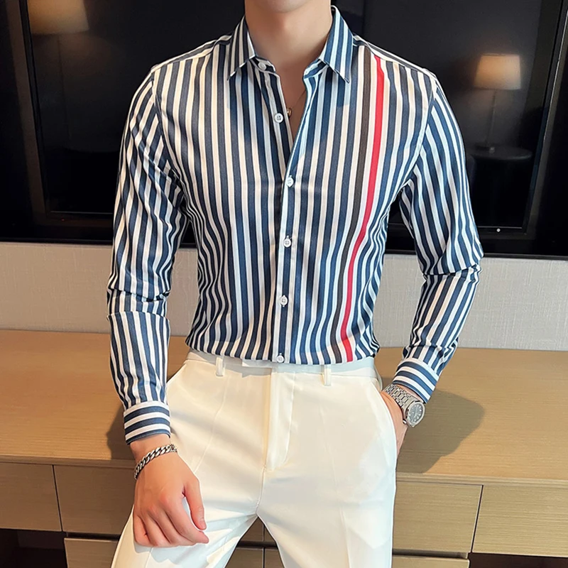 British Style Long Sleeved Striped Shirt Mens New Slim Fit Casual Dress Shirt Streetwear Social Party Clothing Plus Size 4XL-M