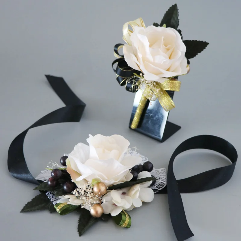 Champagne Artifical Flowers Boutonnieres Wrist Corsage Rose Ribbon Marriage Wedding Accessories for Party