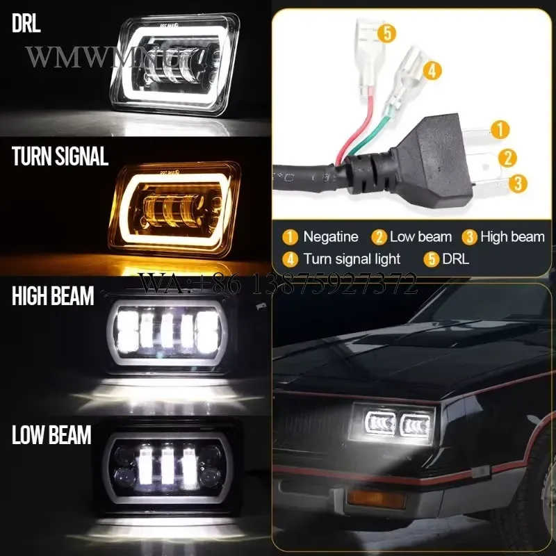 Wmwmnu for 4x6 Inch Square LED Headlight High Low Beam RGB Chase Halo DRL Replacement Model 4665 24 Month Warranty