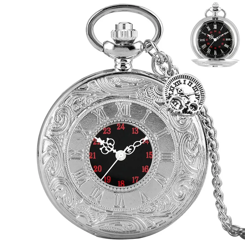 Classic Pocket Watch Roman Number Dial Necklace Quartz Movement Timepiece with Mini Charm Unisex Clock Reloj de bolsillo