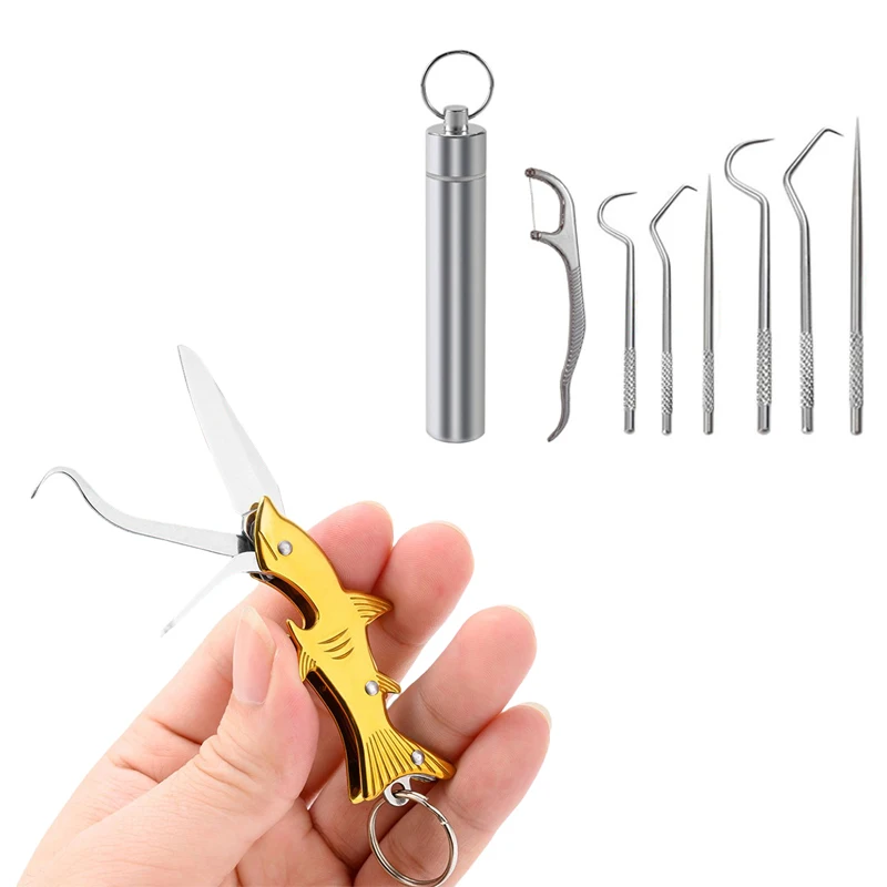 Multi-function Dental Floss Pick Reusable Stainless Steel Toothpick Set Storage Tube Knife Bottle Opener Flossing Tool Keychain