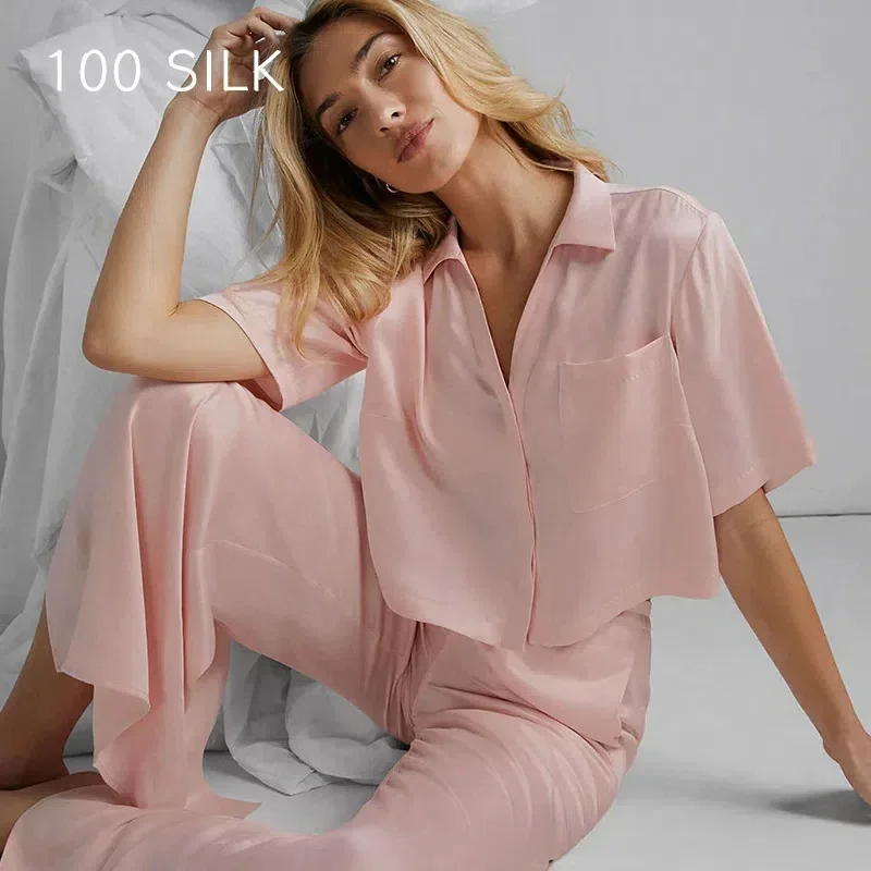 

22MM 100% Mulberry Silk Women's 2 Piece Lounge Wear Sets Pink Short Length Shirts and Wide Leg Pants for Sleepwear Sets Pajamas