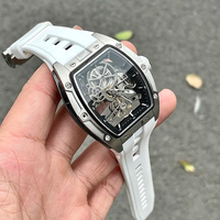 MEGIR Men Wristwatch Fashion Black Waterproof Automatic Mechanical Watch with Luminous Hands Silicone Strap Tonneau Dial