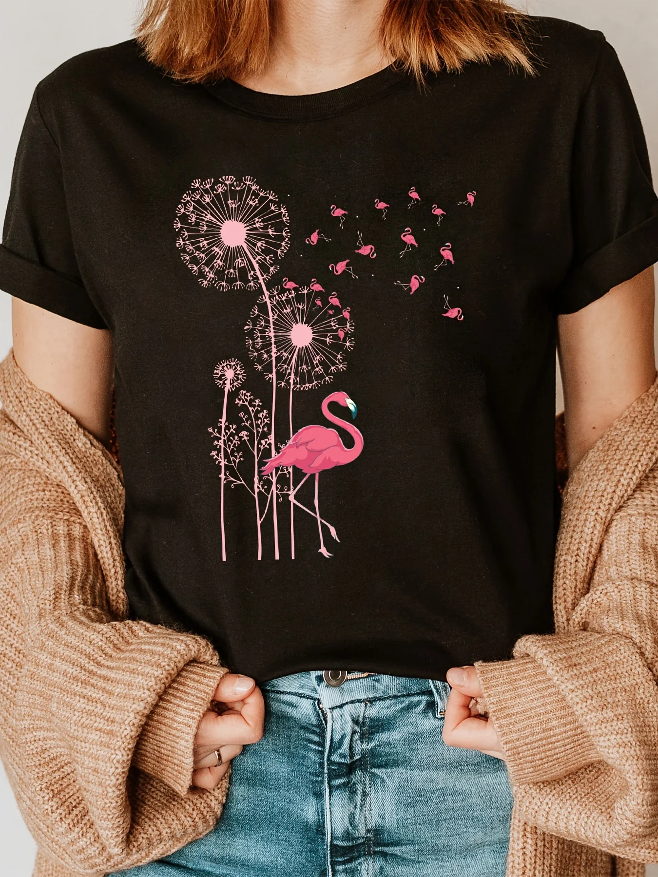 

Women's Dandelion Flamingo Print T-Shirt Casual Short Sleeve Cotton Tees Retro Hip Hop Y2k T-shirt Summer Tops Women Clothing