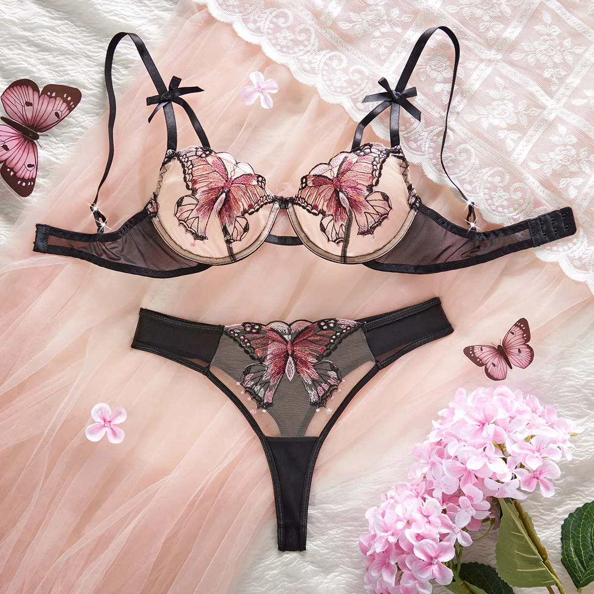 

Сексуальное сетчатое нижнее белье с вышивкой бабочки и стальным кольцом, женское ультратонкое нижнее белье в стиле Pure Desire, комплект из двух предметов