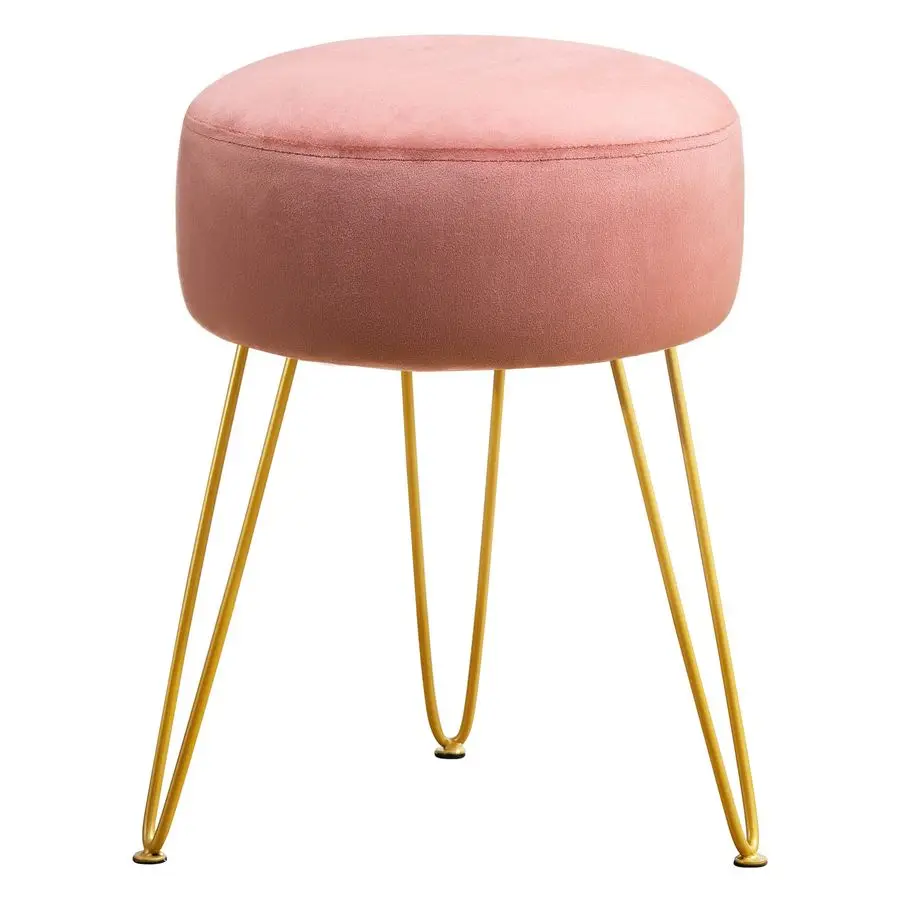 Vanity Stool, Pink Vanity Stools for Makeup Room, Round Ottoman Foot Stool, Velvet Footrest Vanity Chair for Bathroom Vanity, Be