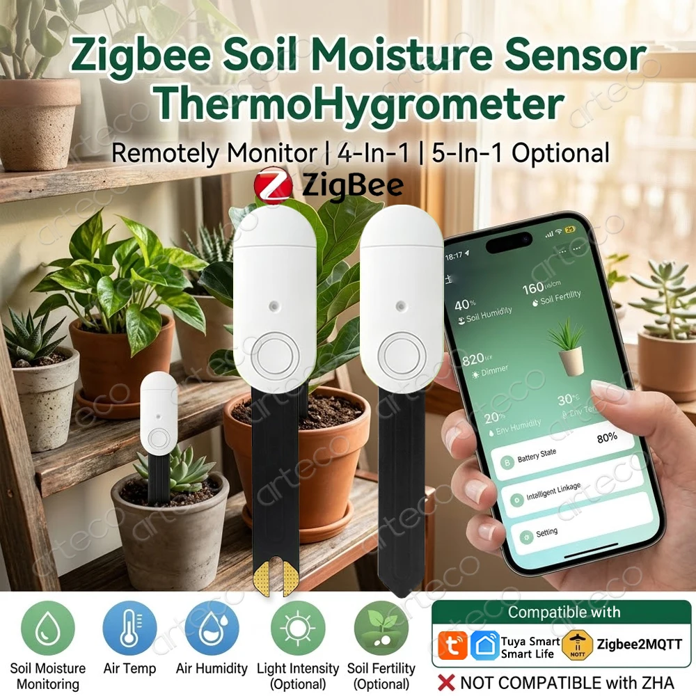 4/5 In 1 Zigbee 3.0 Bodenfeuchtigkeitssensor Temperatur Luftfeuchtigkeit Lux Fruchtbarkeitsdetektor Bodentester Hygrometer für TUYA Zigbee2MQTT – Detail 1
