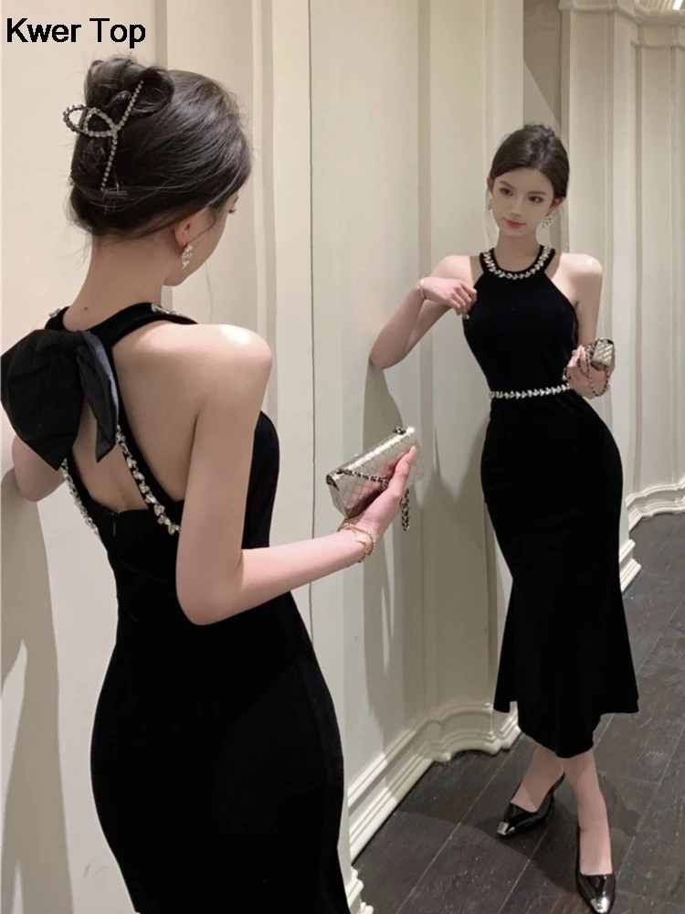 Woman Sexy Backless Bow Black Mermaid Dresses French Vintage Temperament Party Dress Ladies Chic Luxury Velvet Robe