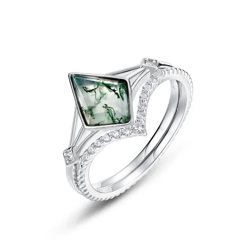 Bague en or 18 carats PT950 Platinum Green Moss Bloring pour femme, avec agate, bague empilée, niche exquise