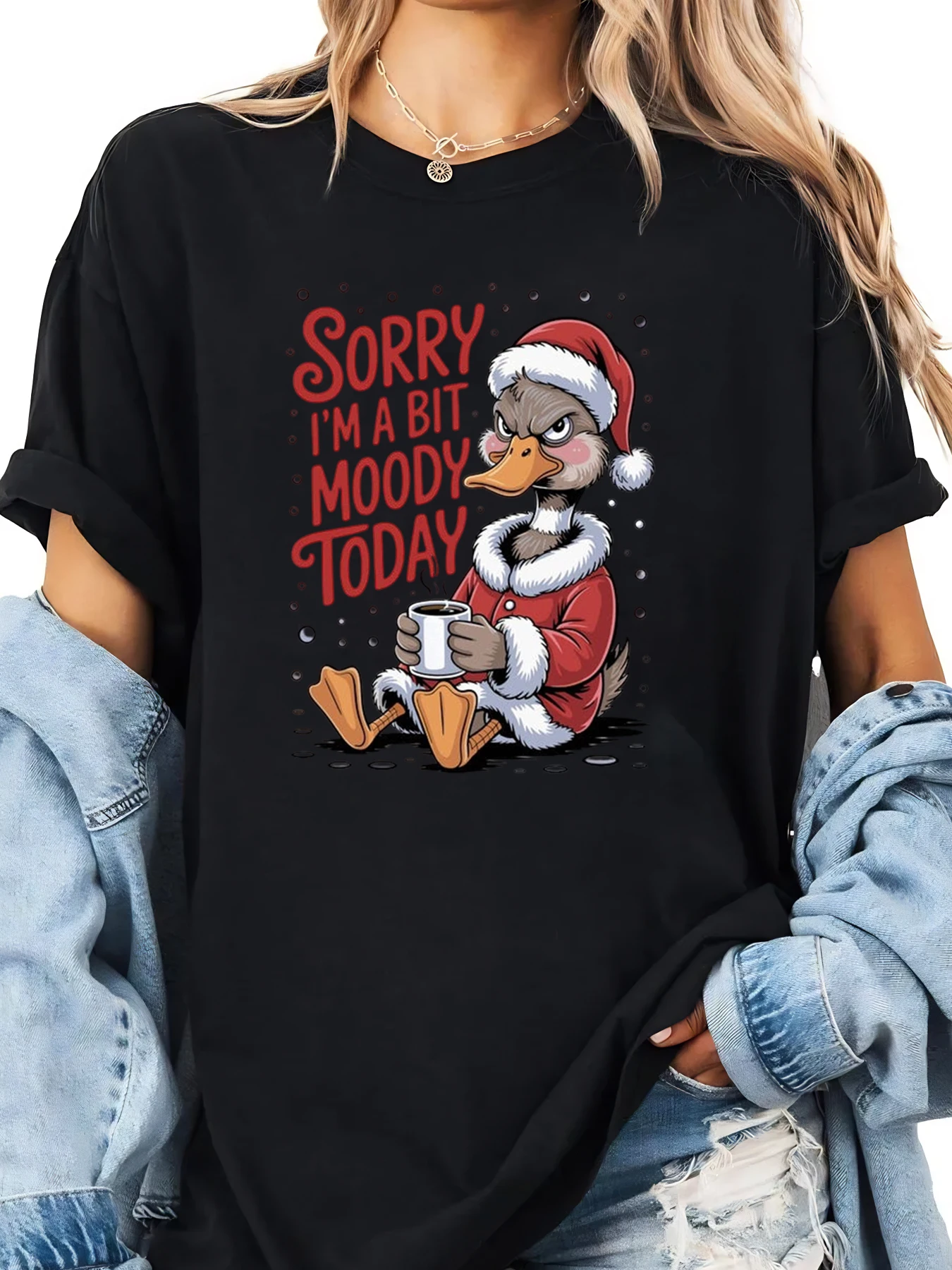 Camiseta con estampado navideño de pato Santa, Sorry I'm a Bit Moody Today, ropa informal para vacaciones para mujer, color negro de talla grande