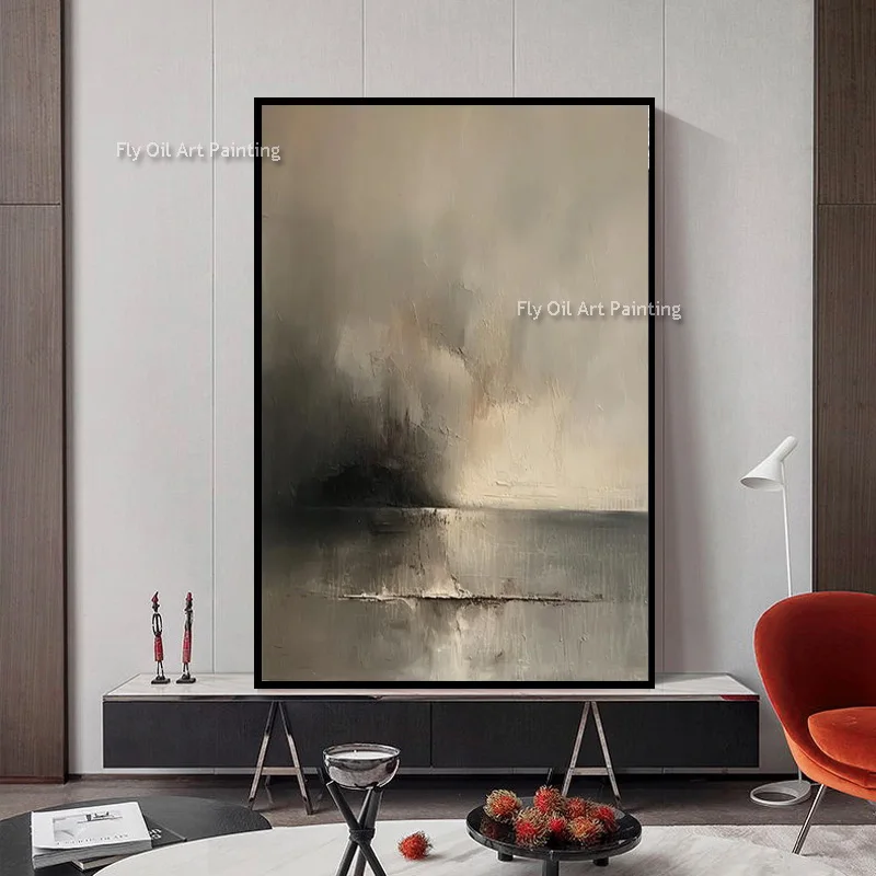 Original Black Beige Grey Abstract Canvas Thick Artwork Decor For Room Simple Design Handpainted Blue Golden Yellow Oil Painting