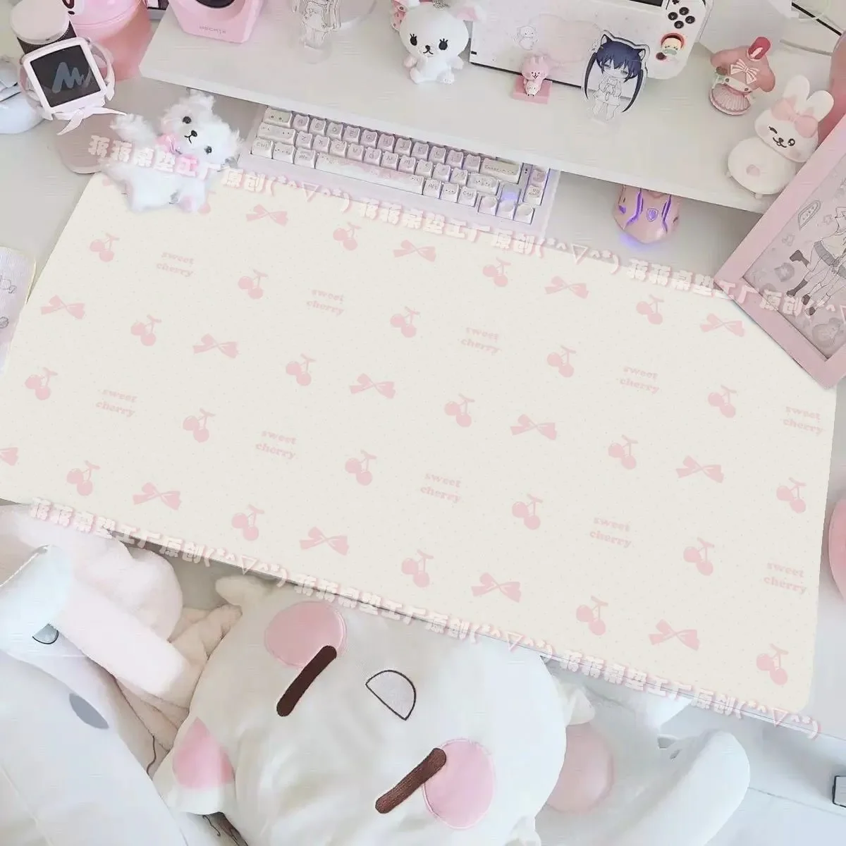 Leather Desk Pad Protector Pink Polka Dots Cherry Pink Y2K Mouse Pad Office Desk Mat Waterproof Non-Slip PU Desk Blotter Pad