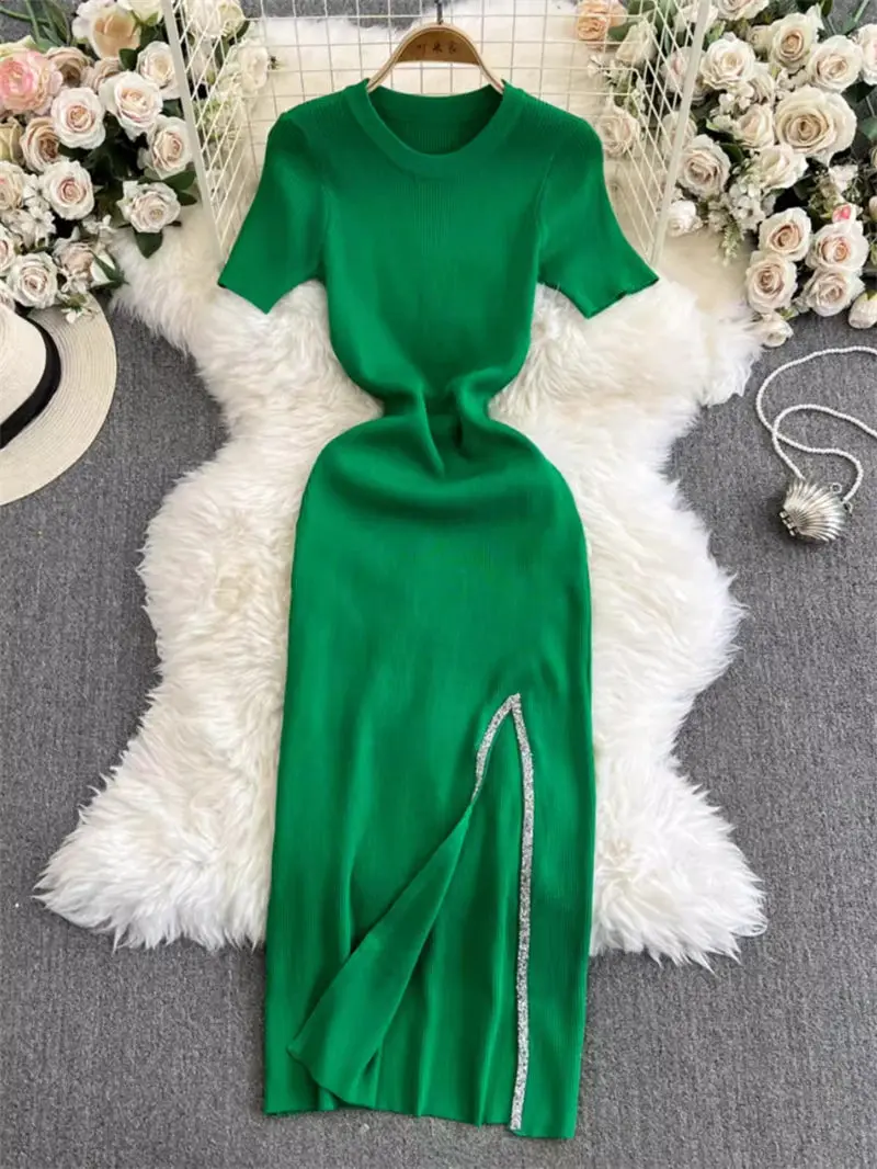 

Light Luxury Dress For Women Summer 2024 New Short Sleeve Fashion Slim Fit Temperament High-End Split Knit Bodycon Dress K1634