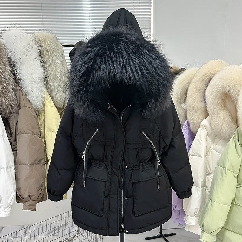 Short Puffer Jacket Women 90% Duck Down Coat Huge Real Raccoon Fur Hooded Winter Thicken Female  Feather Parkas 2023