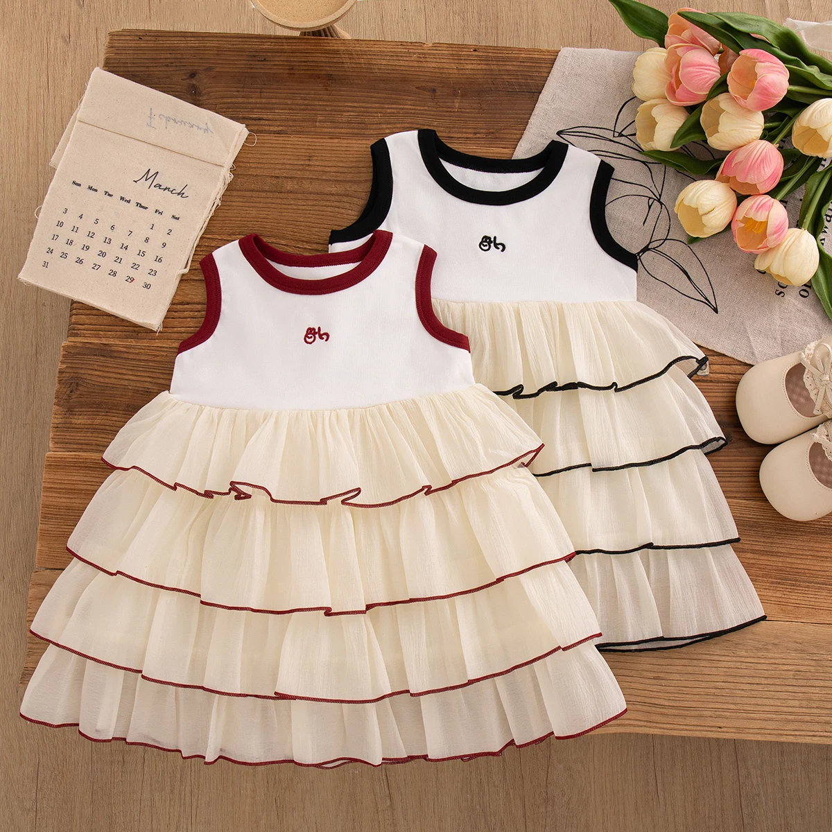 

Toddler Girl Summer Dress Korean Style Red White Tiered Sleeveless Gauze Dress Casual Kids Fashion Clothes