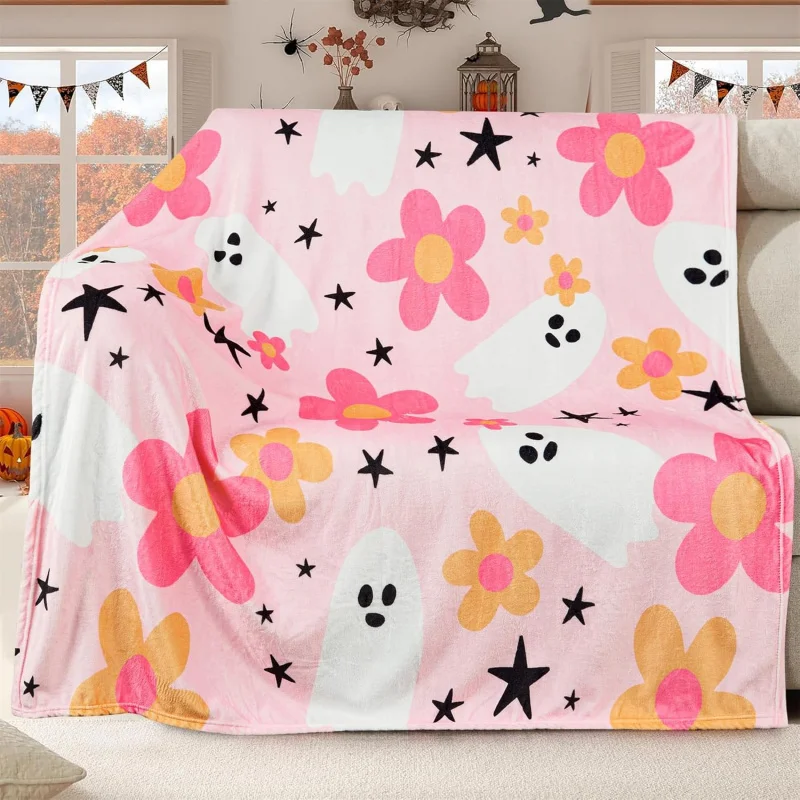 

Pink flower ghost Halloween throwing blanket cute decoration autumn blanket sofa chair bed soft flannel blanket