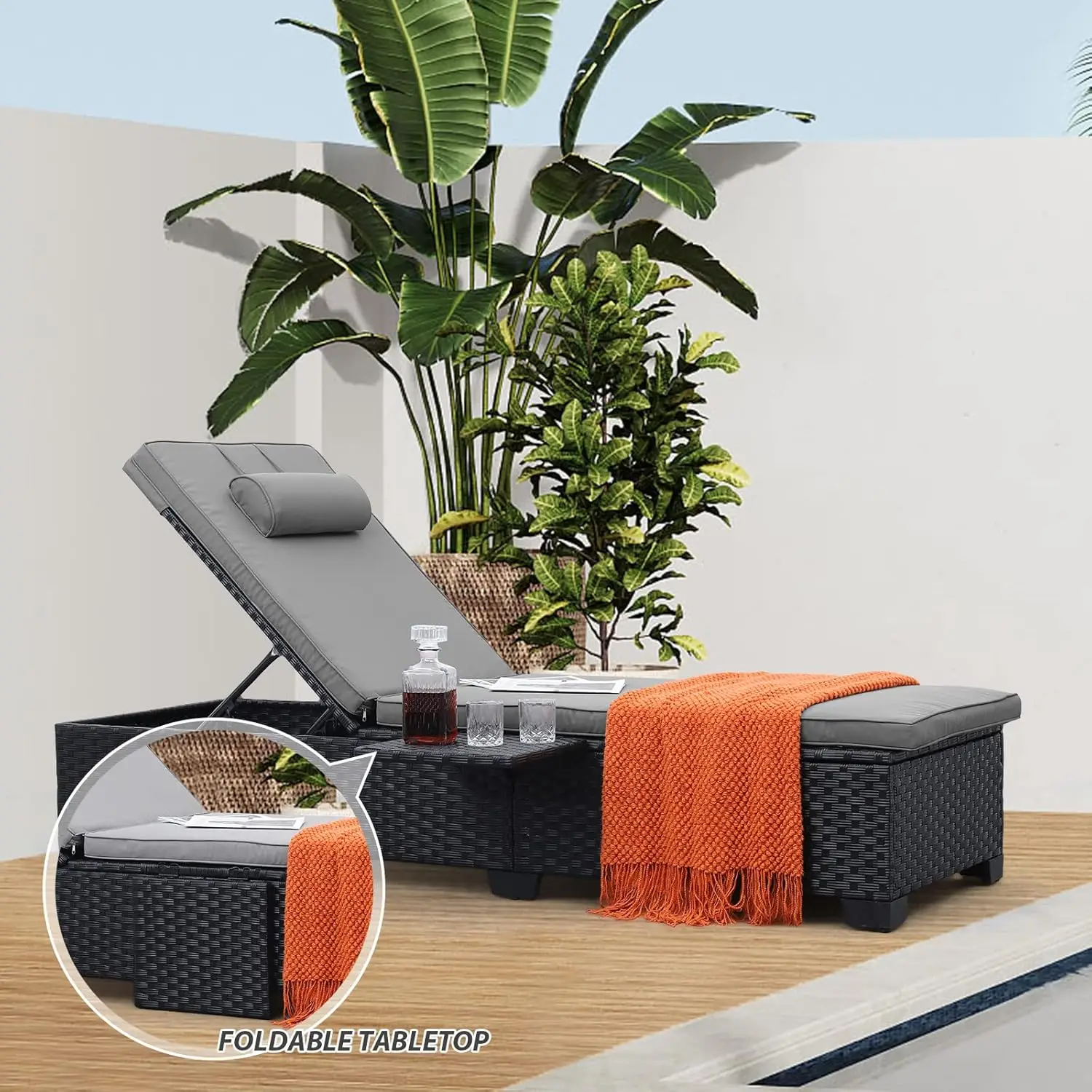 Waroom Outdoor Chaise Lounge Stoelen Voor Buiten Terrasmeubilair Set Van 2 Zwarte Rotan Zwembad Ligstoel Verstelbare Rugleuning