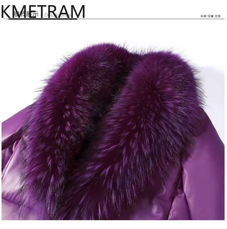 100% Schapenvacht Lange Donsjassen Dames Echt Leer Paars Pufferjack Winter Wasbeer Bontkraag Dameskleding 2025ojiк
