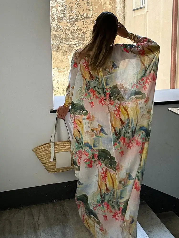 Fashion Print Half Sleeve Loose Midi Dress Women Casual V Neck Single-breasted Slit Dresses 2024 Early Autumn Lady Holiday Robe