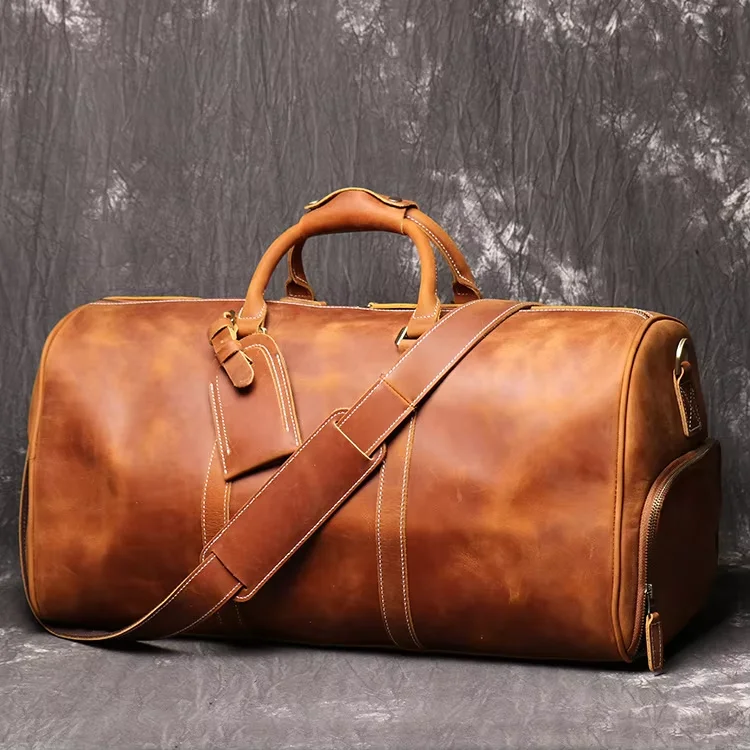 

Crazy Horse Genuine Leather Travel Bag Large Capacity Vintage Style With Zipper Closure Waterproof For Week Outdoor