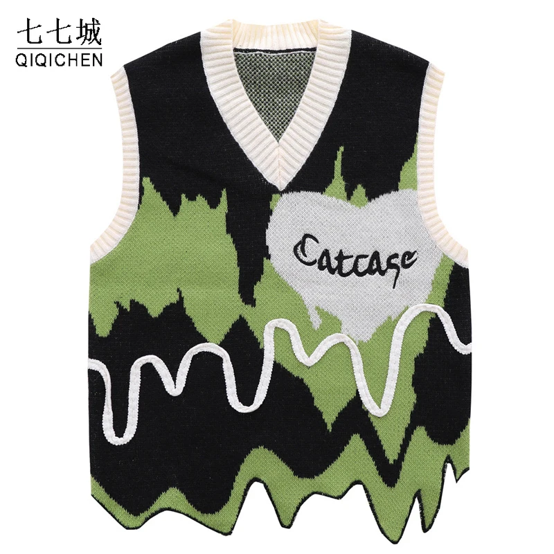 Autumn Y2k Sweater Vest Men Women Harajuku Colorblock Sleeveless Sweater Harajuku Casual Loose Jumpers Spring Tops Streetwear