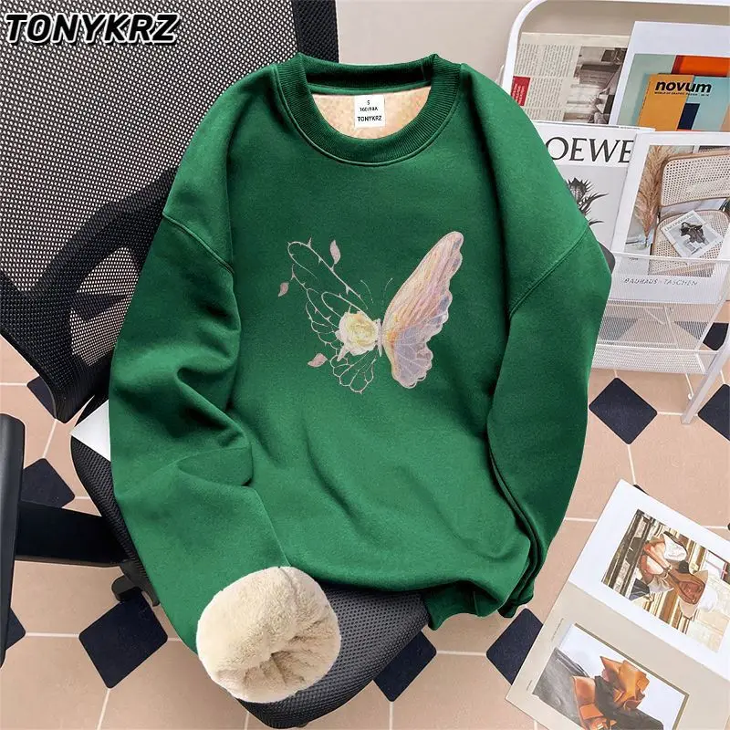 سويت شيرت برقبة دائرية بتصميم كلاسيكي أمريكي مطبوع عليه فراشة للنساء مع صوف خروف وقميص مخملي XQ135 #5