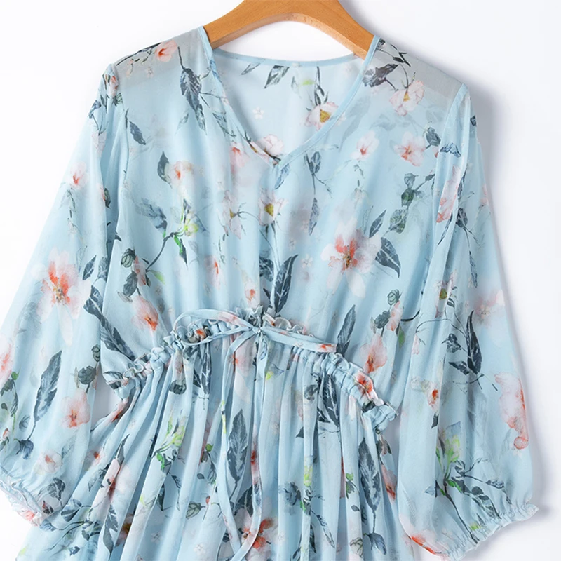 Women Dress 100% Mulberry Silk Sexy Transparent Blue Floral Print V neck Ruffle High waist Belted Waist Midi Dress M1328
