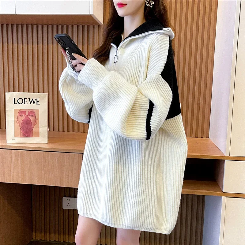 

Casual Style Outerwear Knitted Sweater for Women Autumn Winter New Contrasting Color Half Zipper High Neck Pullover Sweater