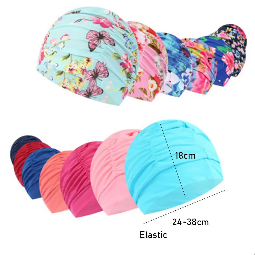 Hot Ears Pleated Sports Accessories Long Hair Protect Elastic Nylon Turban Swimming Cap Pool Bathing Hats