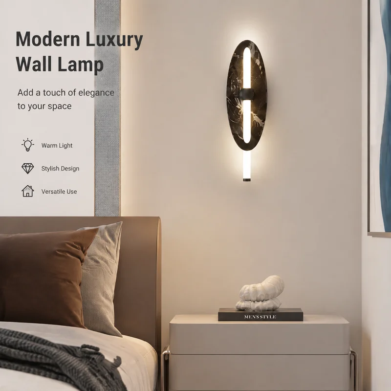 Wall Sconce Modern LED Bedside Lamp PVC Iron Oval Marble Look Fixture for Bedroom Living Room Hotel Decor Elegant Wall Light Pro