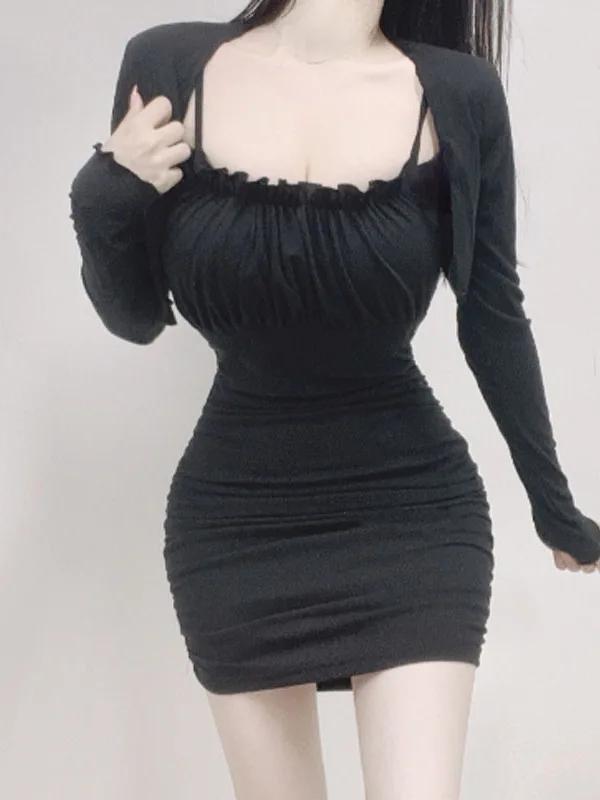 

Autumn Korean Version New Square Neck Pleated High Waist Wrap Hip Sling Dress+long Sleeve Slim Cardigan Two Piece Set