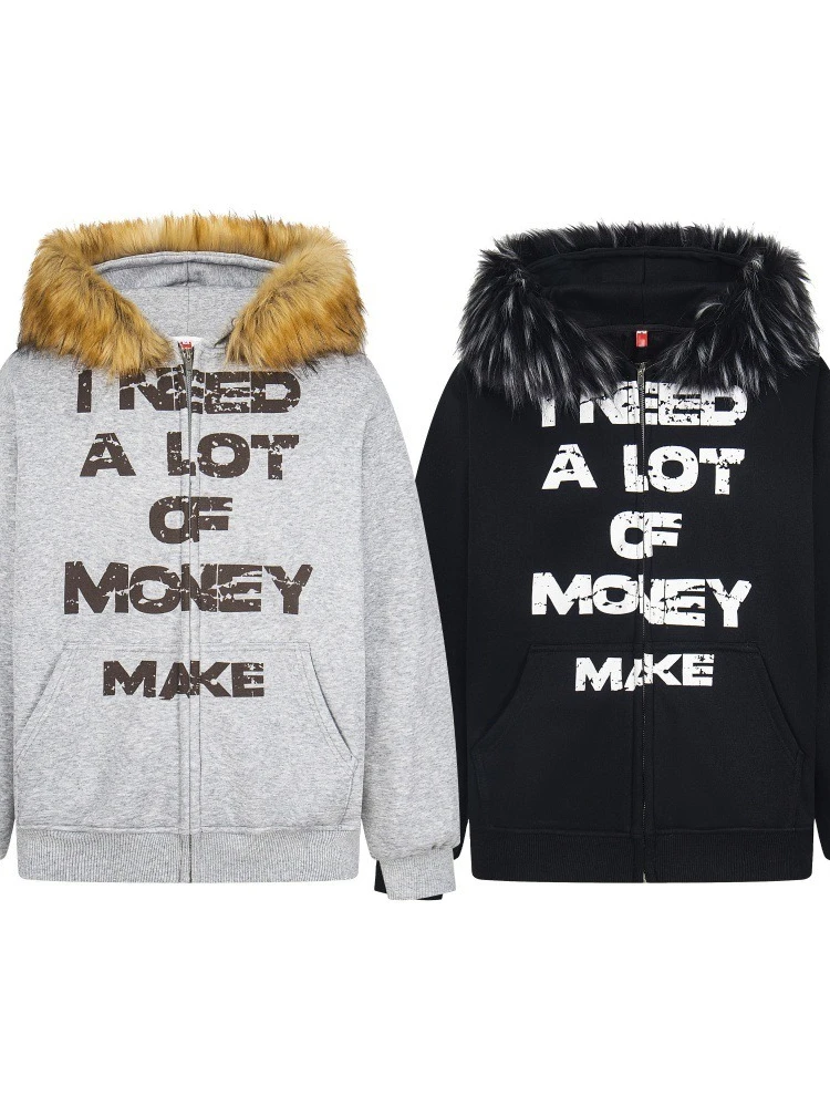 رجل هوديي الشارع الشهير الأسود فو الفراء هود زمم البلوز إلكتروني طباعة تصميم فضفاض صالح صوف مبطن الاتجاه الرجعية موضة جديدة