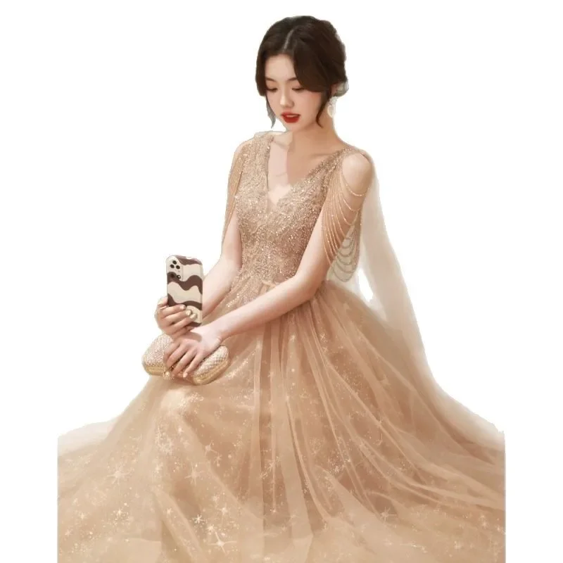 Customized Khaki Banquet Evening Dress Spring/Summer New Style Sparkling Tassel Choral Performance Dress New Year Party Dress
