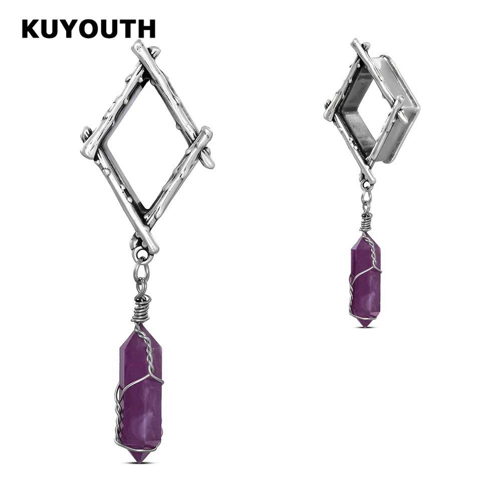 

KUYOUTH 2PCS Amethyst Pendant Ear Tunnels Rhombus Stretchers Copper Expanders Plugs Body Piercing Jewelry