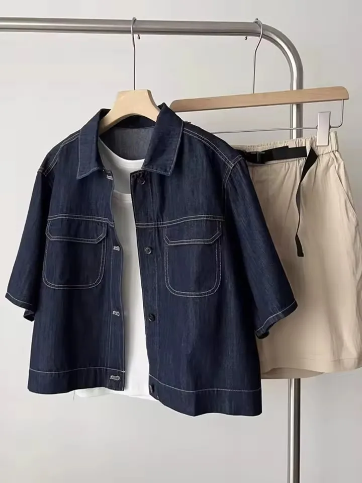 

Тонкая повседневная джинсовая куртка с коротким рукавом в стиле ретро, женская летняя элегантная джинсовая рубашка высокого класса 202, женская