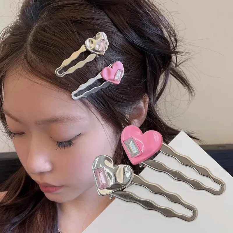 Sweet Girls Hair Clips Y2K Women Cute Metal Colorful Love Hairpin Silver Pink Hair Accessories BB Hairpins Side Clips Headwear