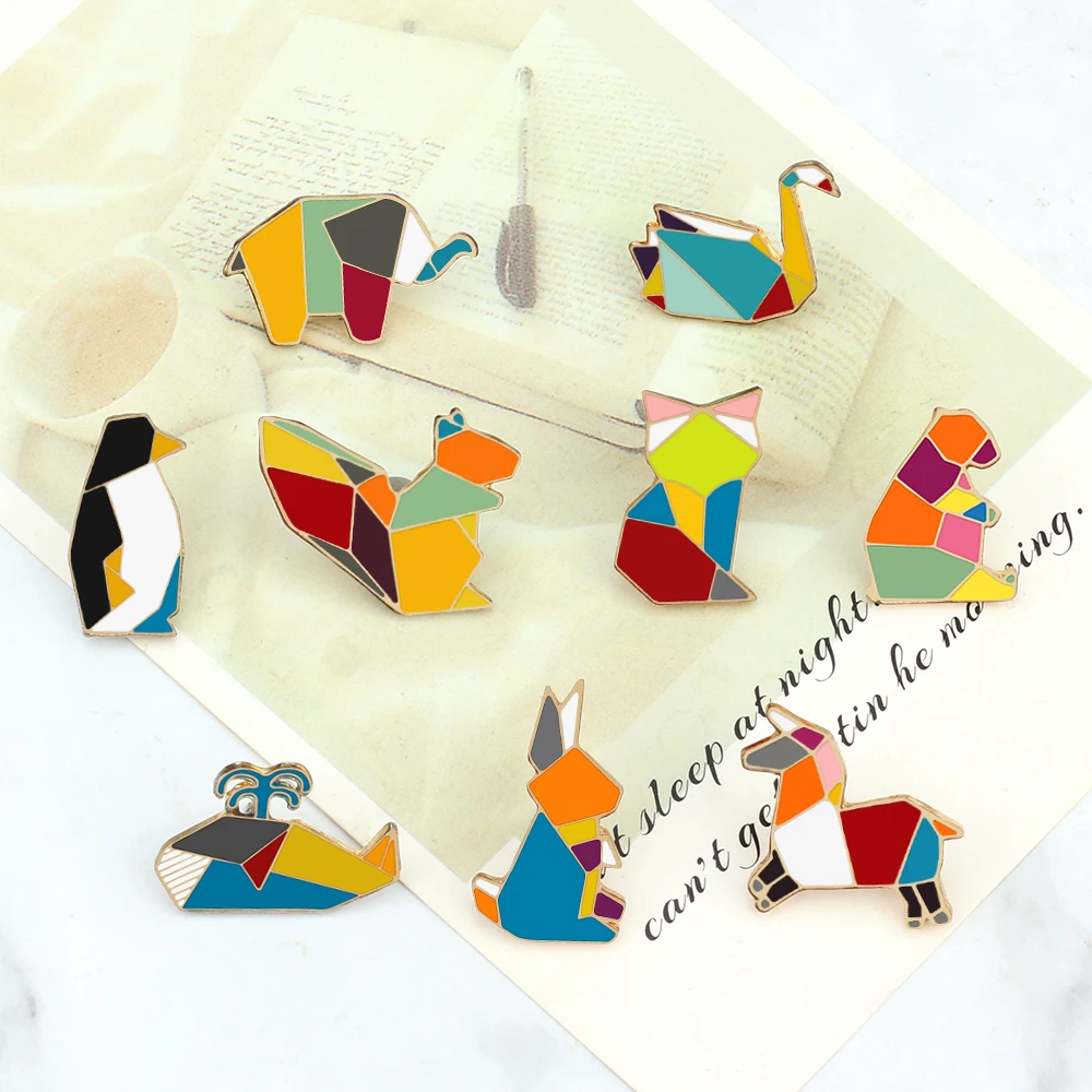 Cute Colorful Origami Animal Enamel Pin Cartoon Cat Rabbit Bunny Bear Penguin Whale Brooches Backpack Lapel Badge Gift Wholesale