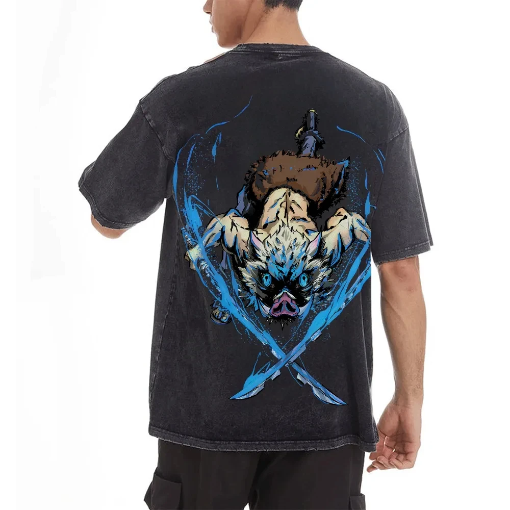 2025 Summer New Fashion Hot Anime Demon Slayer Blade T-shirt Men's Women's Washed Cotton Casual Loose Harajuku Retro T-shirt