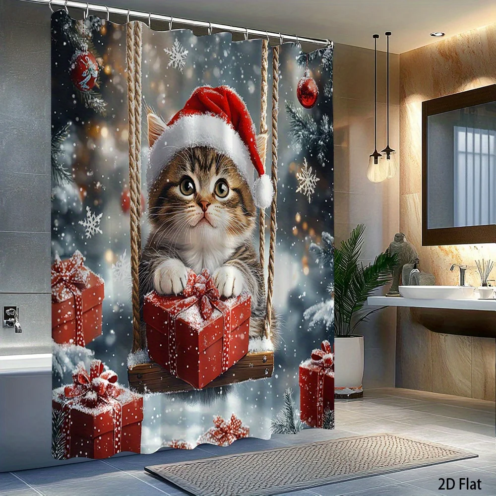 1pc 2D Flat Shower Curtain, Christmas Cat Red Gift Boxes & Snowflakes Printed Shower Curtain, Decor for Bathroom