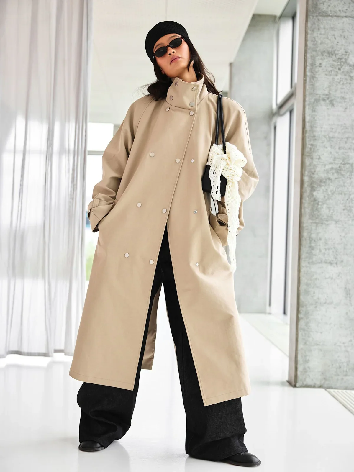 

Fashion Women's Solid Lace Up Trench Coat Stand Collar Double Breasted Pocket Waist Cinching Jacket 2025 Lady Long Sleeve Wear