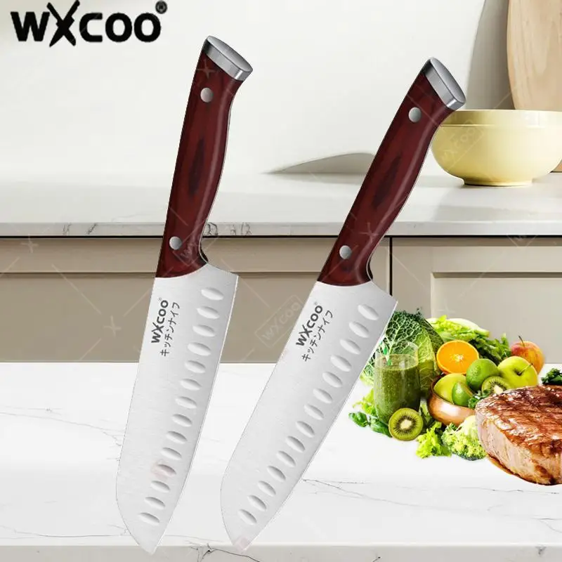 WXCOO Japanisches Kochmesser aus Edelstahl mit Holzgriff, ultrascharf, Fischgräten, Obst, Fleisch, Hackmesser, Santoku-Slicing, Küchenmesser