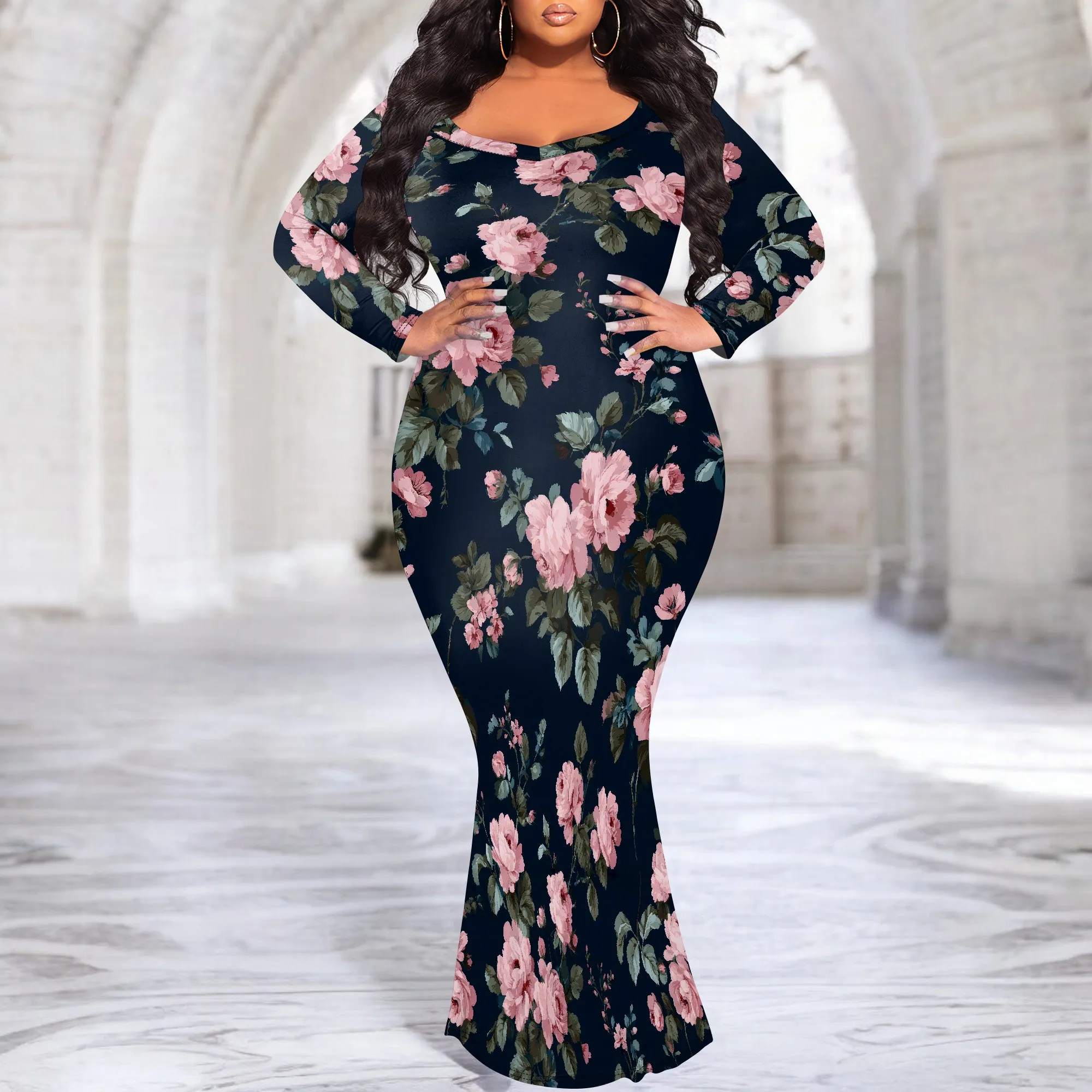 Abito da festa maxi super elastico da donna con stampa floreale primaverile e maniche a 3/4 con scollo a V