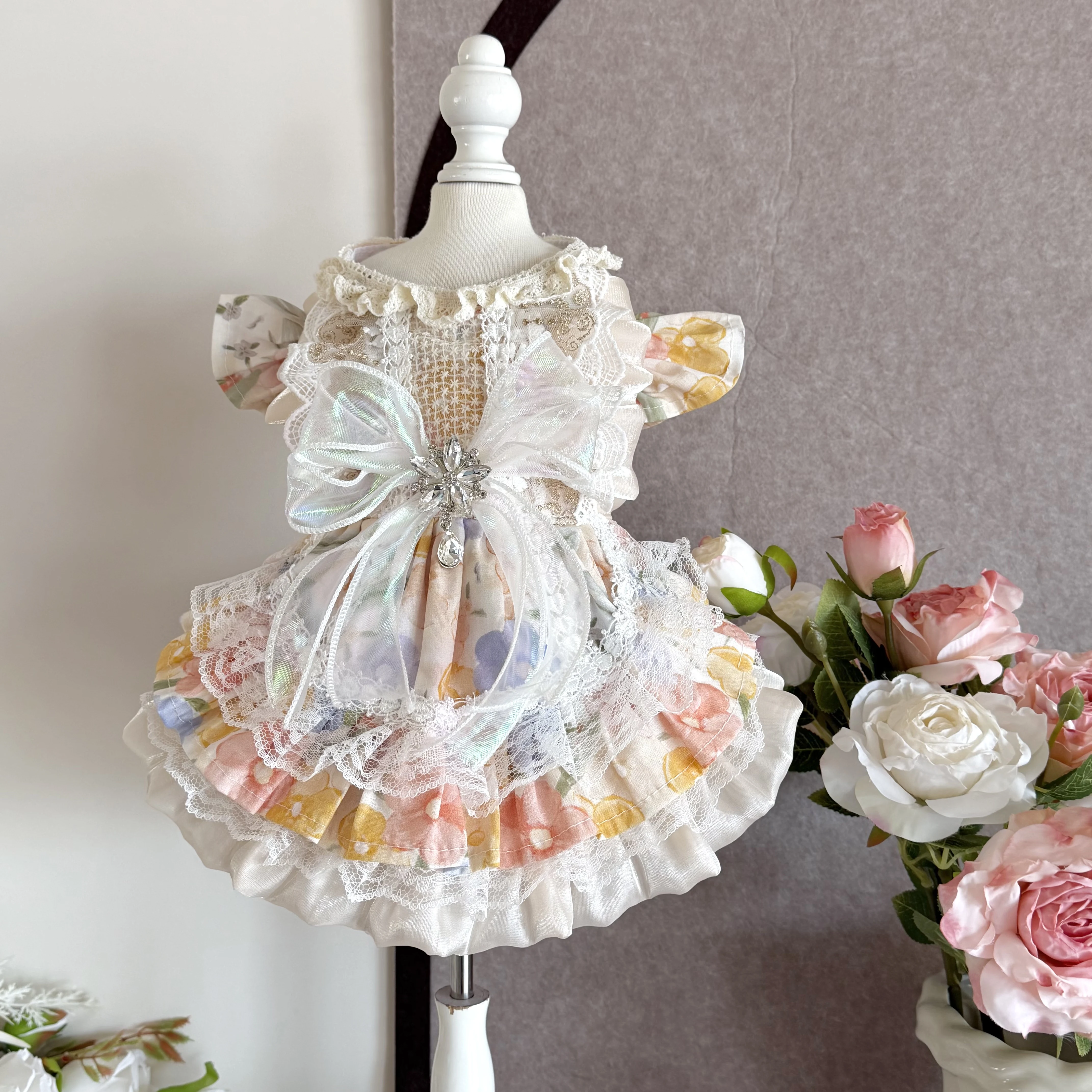 

Pure Cotton Handmade Pet Dog Clothes Colorful Floral Print Crystal Bow Party Princess Dress for Small Medium Dog Puppy Overalls