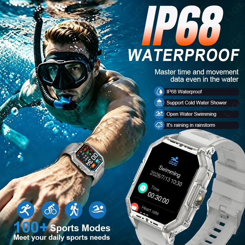 LIGE 2026 Military 1400mAh Battery Flashlight Smart Watch Outdoor Sport Fitness Clock Men 2.04 Inch BT Call Waterproof SmartBand