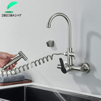 Brushed Nickel 304 stainless steel Kitchen Sink Faucet Long Spout 360 Rotation Mixer Tap Stream Sprayer Head Wall Installation